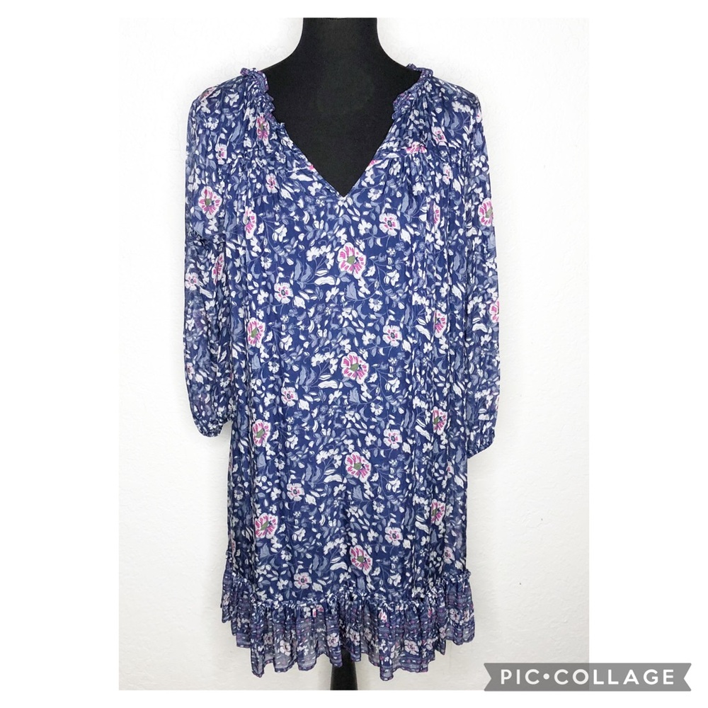 Vineyard Vines navy blue pink floral ruffle‎ trim v neck dress size Medium